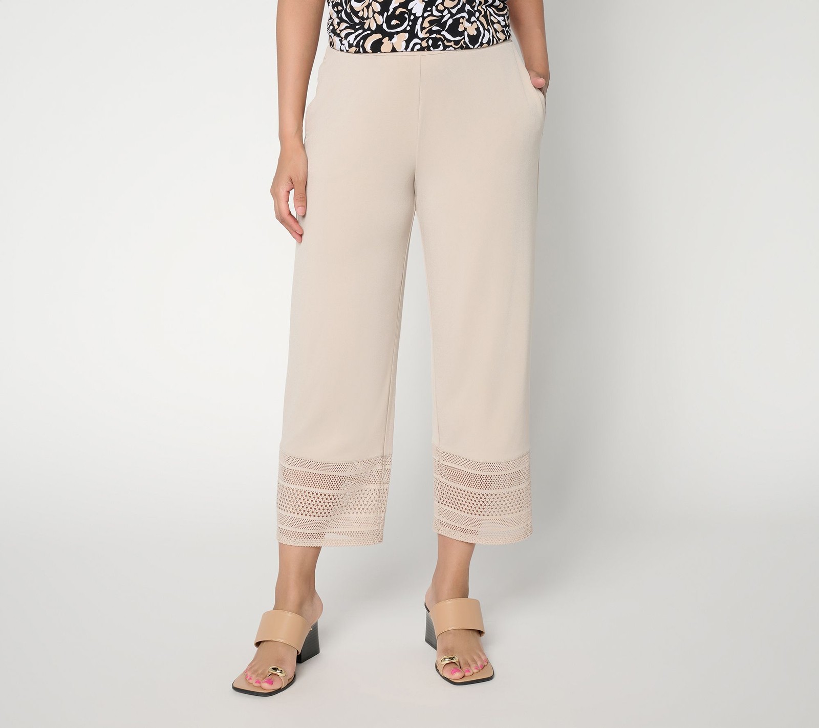 Susan Graver Regular Liquid Knit Crop Pant with Crotchet Lace Wheat 1X New