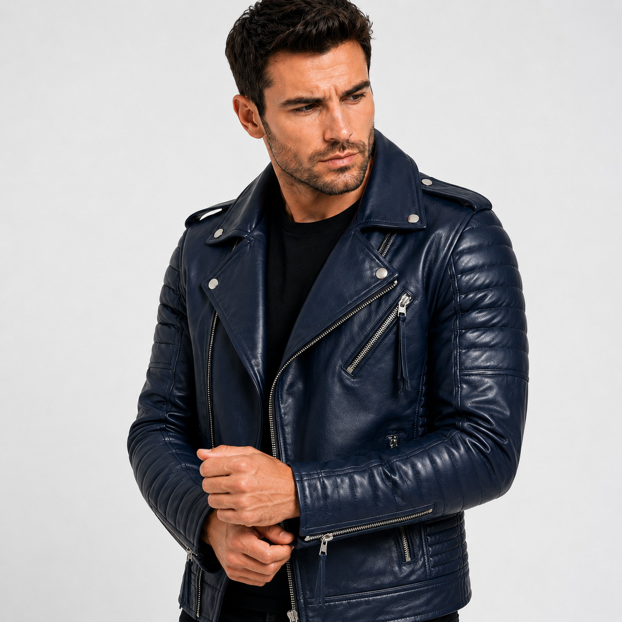 Men’s Navy Blue Real Lambskin Leather Biker Jacket Quilted Moto Motorcycle