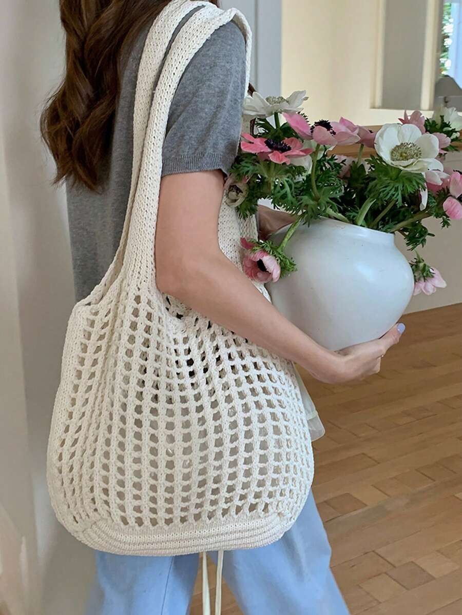Crochet Woven Shopping Bag Hollow Out Beach Vacation Tote Foldable Mesh Bag