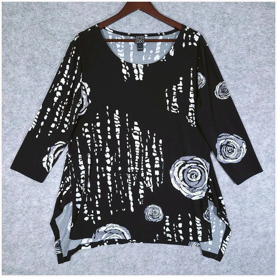 Clara Sunwoo Rose Scatter Floral Parachute Hem Tunic Top Large Stretch Lagenlook